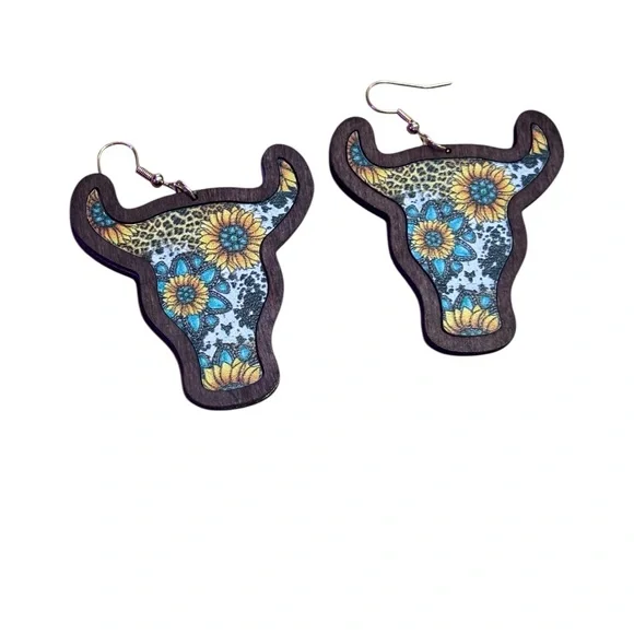 Fashion Jewelry Western boho Cow print  Earrings - Sunflower Blue and yellow - Picture 6 of 12